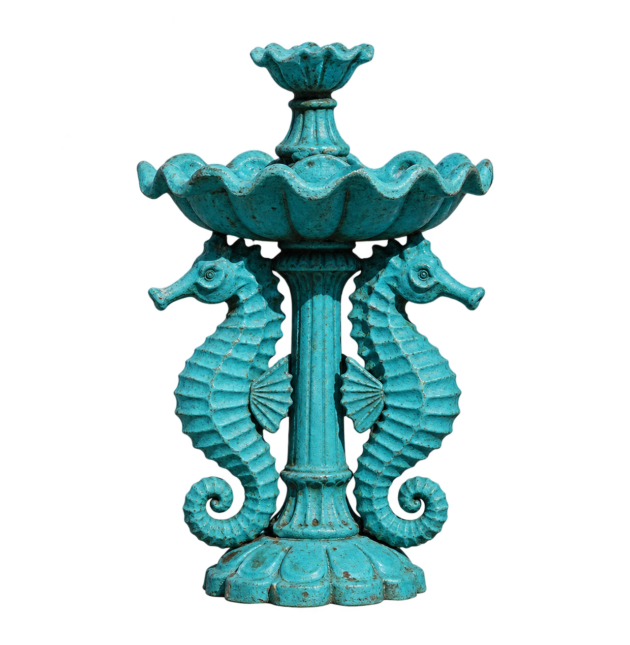 Turquoise fountain with two complete seahorses
